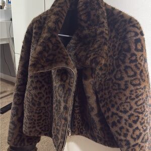 Leopard Print Faux Fur Jacket - Brown